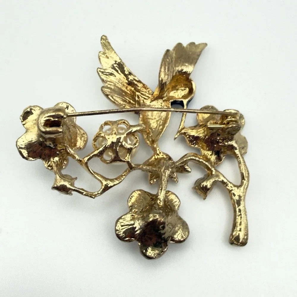 Hummingbird & Peacock Brooch Set Gold Tone Rhinestone Enamel Bird Pins